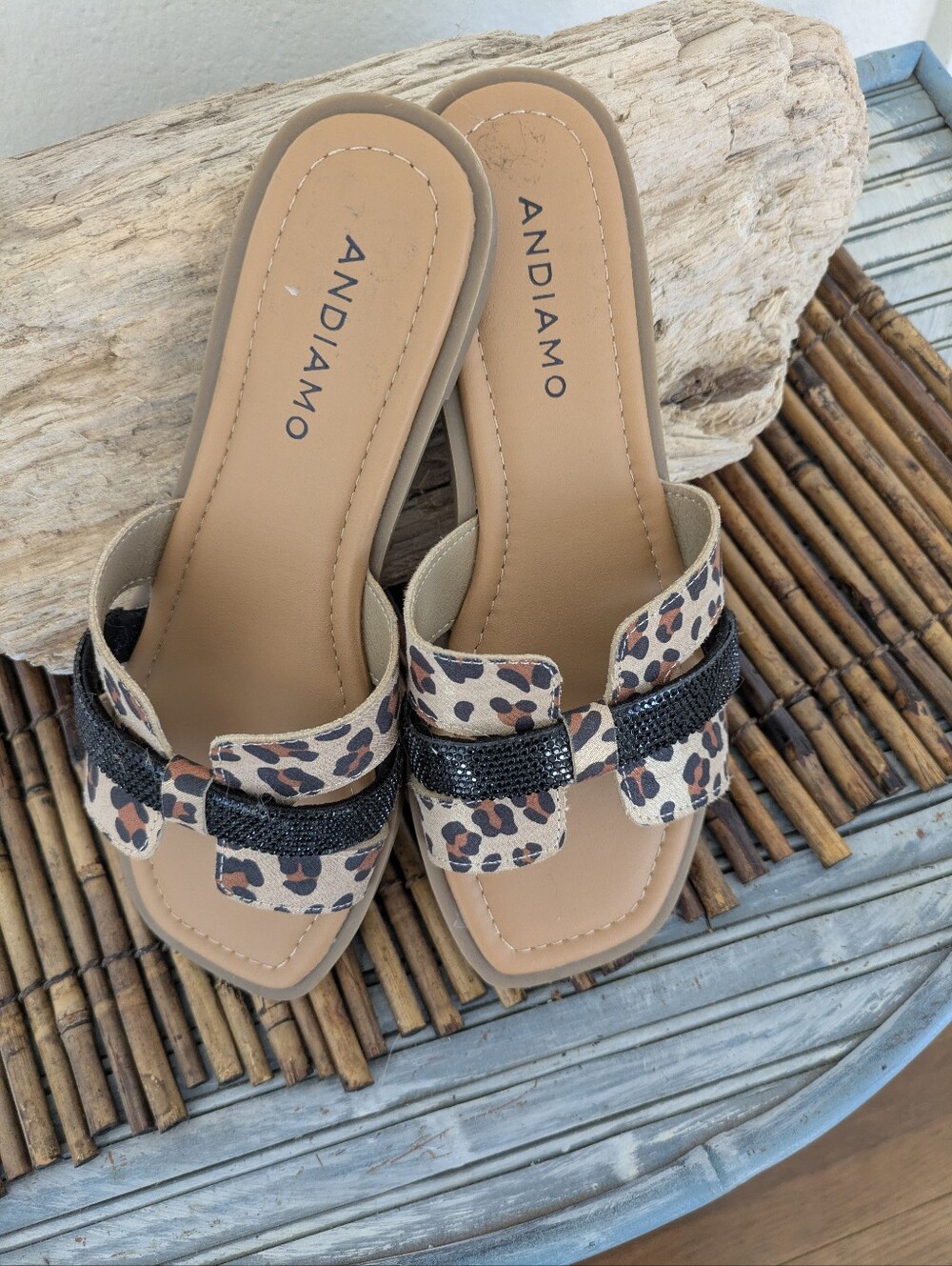 Andiamo Leopard Print Slide Mules with Black Bead Accent